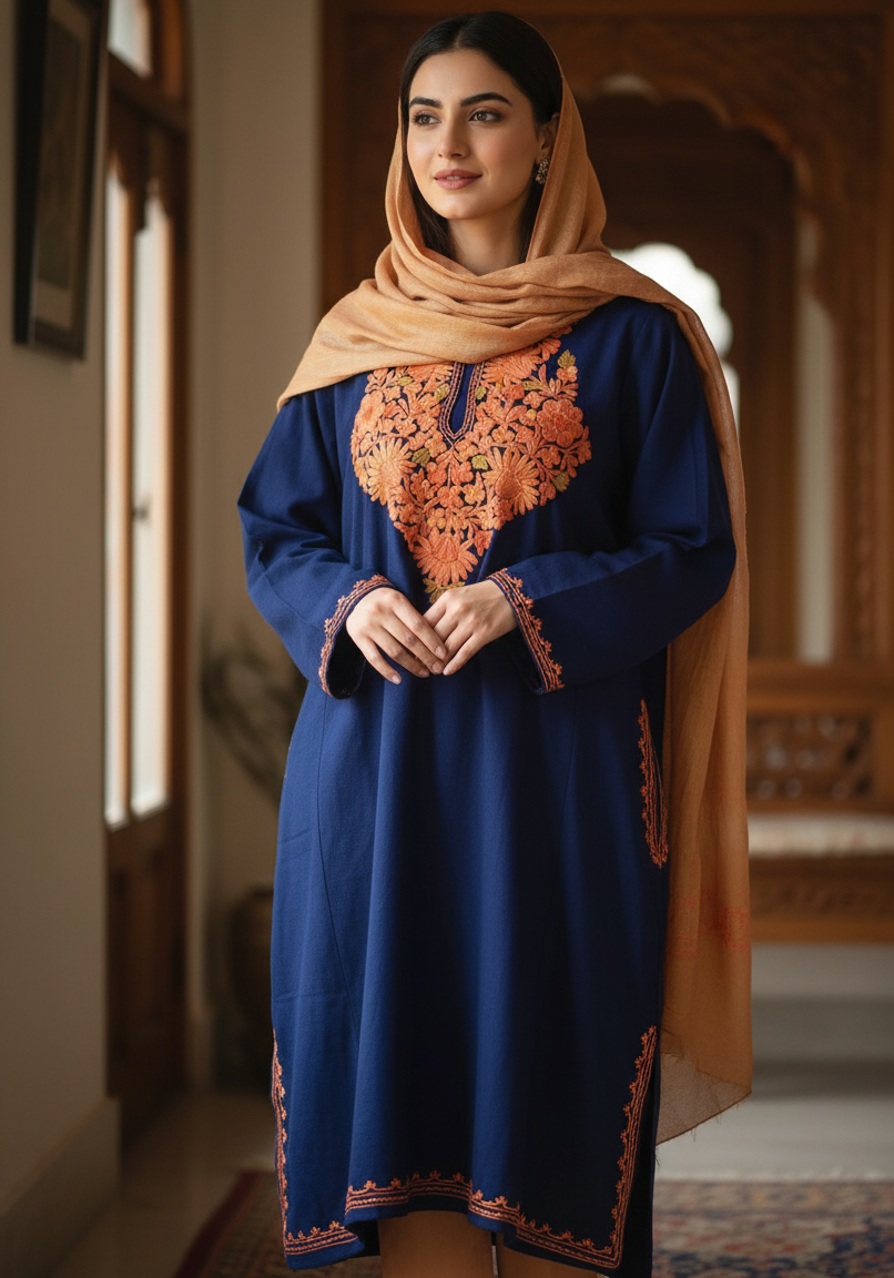 Beautiful Aari Work Pheran in Cashmilon Blue Colour