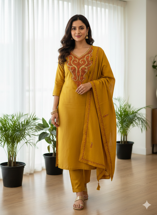 Hand Sozni Infused with Tilla Work Suit in Yellow