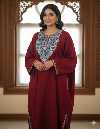 Beautiful Aari Work Pheran in Cashmilon – Red Colour