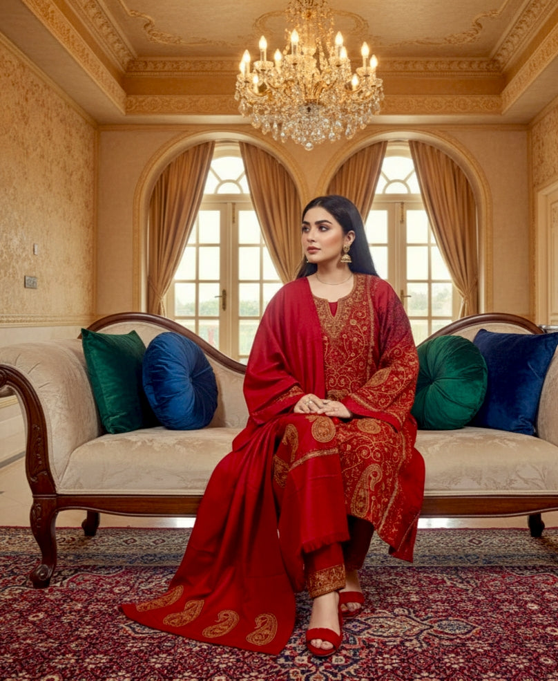 Heavy Cashmilon Phiran Set (3-Piece) with Machine Sozni Work Red Colour