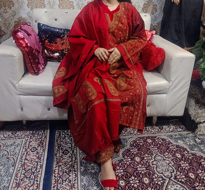Heavy Cashmilon Phiran Set (3-Piece) with Machine Sozni Work Red Colour