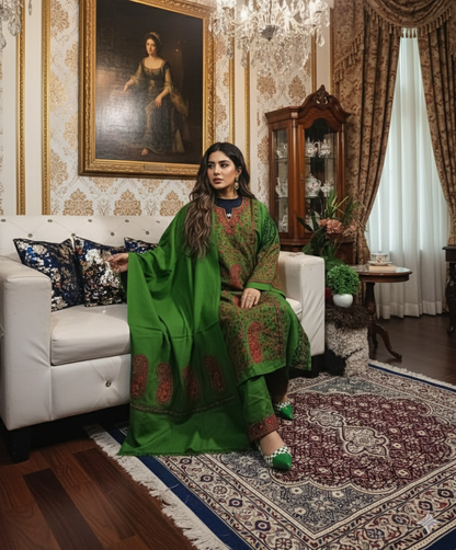 Heavy Cashmilon Phiran Set (3-Piece) with Machine Sozni Work Green Colour