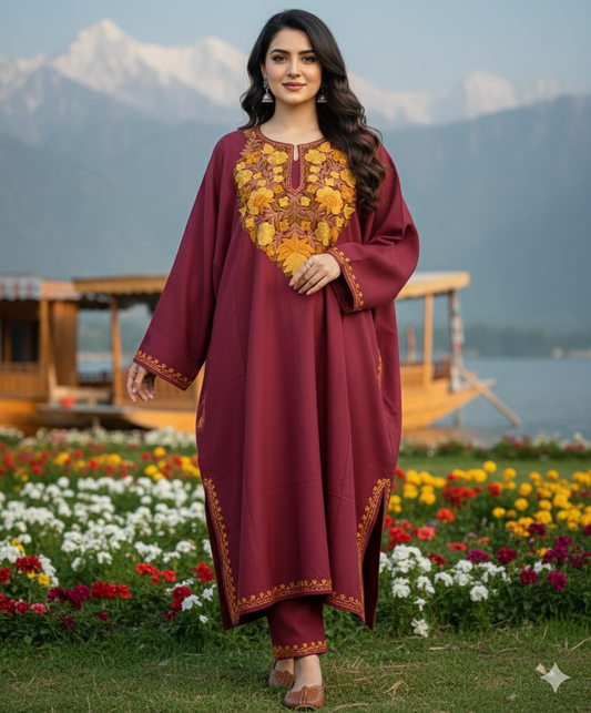 Beautiful Aari Work Pheran in Cashmilon Rose Colour