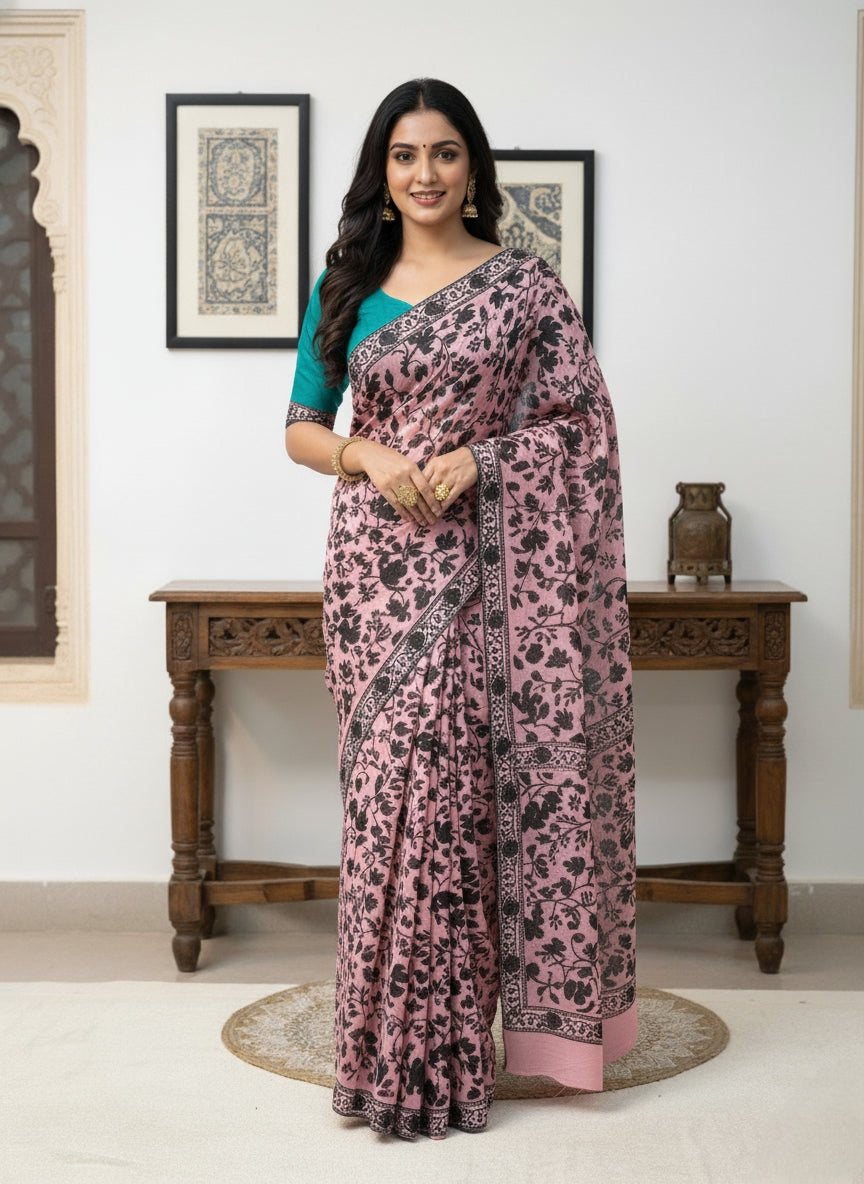 Hand Embroidered Kashmiri Georgette Saree – Light Pink Colour