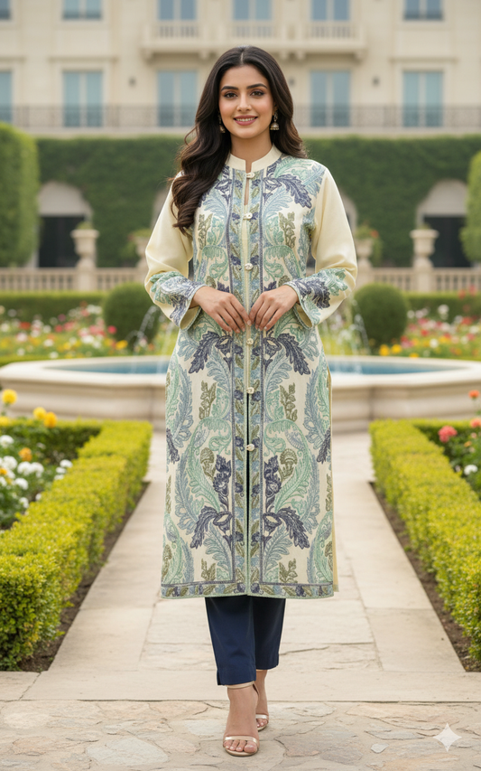 Pure Wool Long Coat with Ari Embroidery