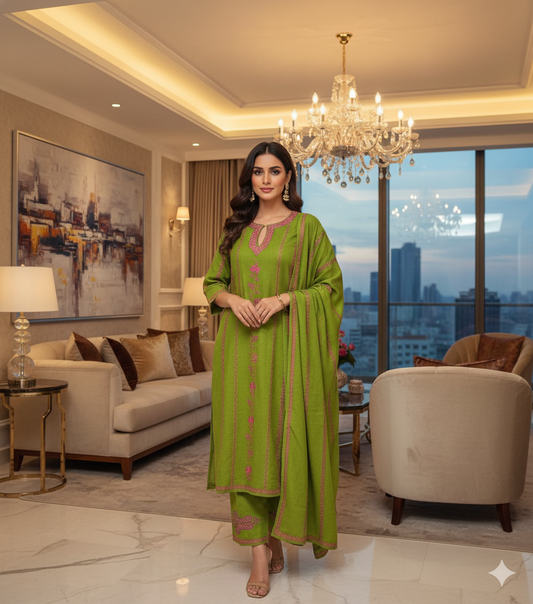 Heavy Cashmilon Phiran Set (3-Piece) with Machine Sozni Work Peach Colour