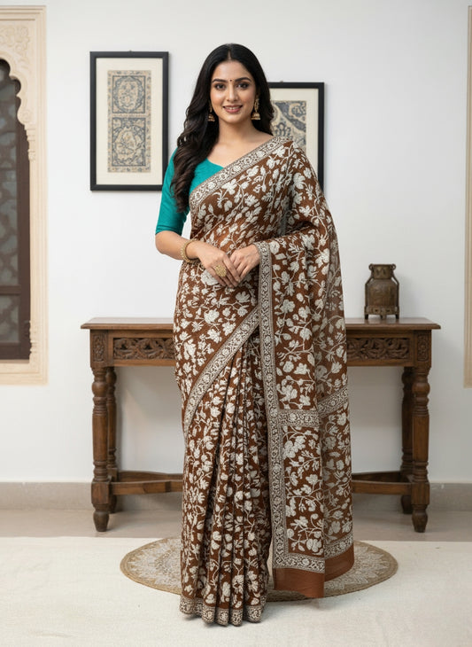 Hand Embroidered Kashmiri Georgette Saree – Brown Colour