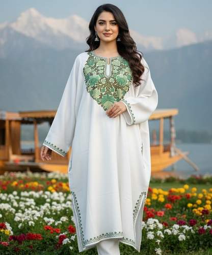 Beautiful Aari Work Pheran in Cashmilon White Colour