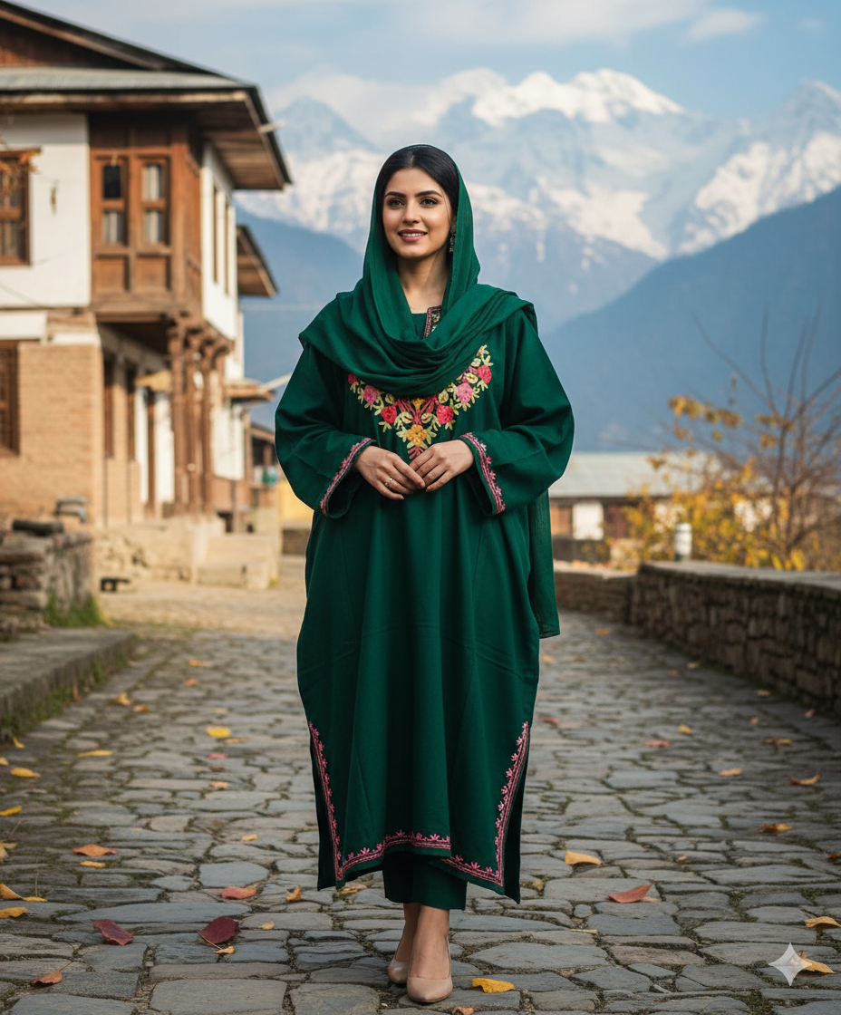 Beautiful Aari Work Pheran in Cashmilon Green Colour