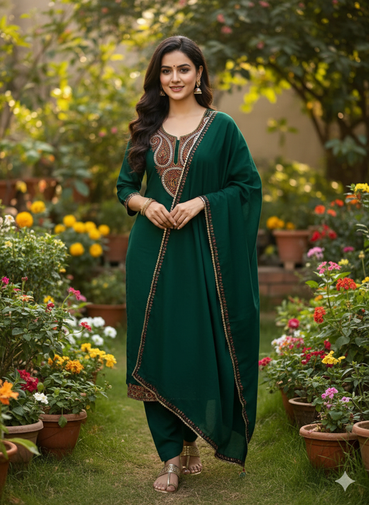 Hand Sozni Infused with Tilla Work Suit in Green