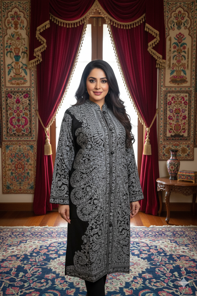 Pure Wool Long Coat with Ari Embroidery