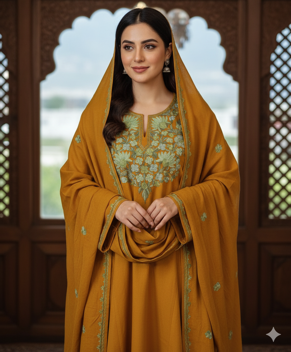 Beautiful Aari Work 3-Piece Pheran in Cashmilon – Mustard Colour