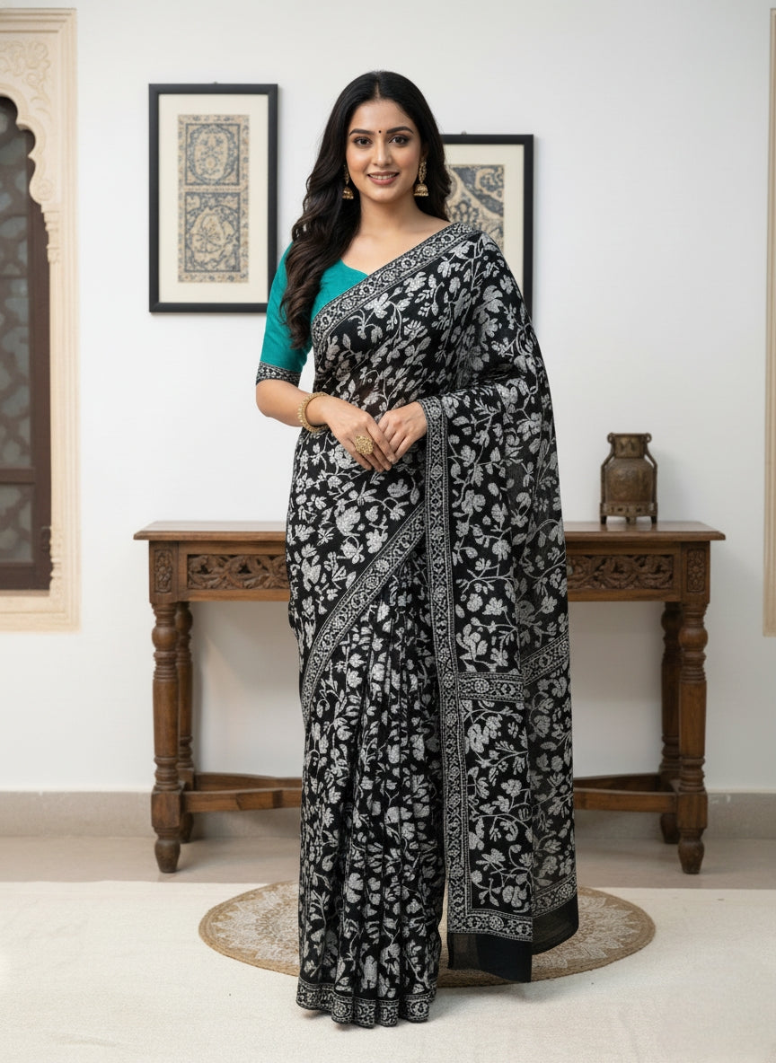 Hand Embroidered Kashmiri Georgette Saree – Black Colour