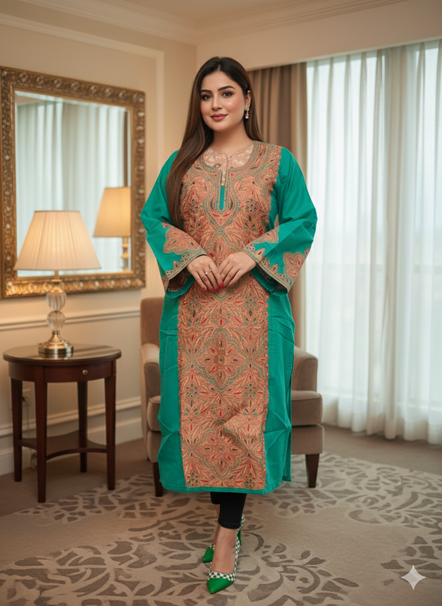 Phiran with Zari Tilla Full Jaal Work - Green