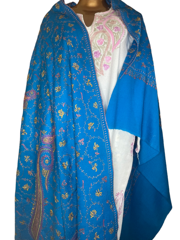 Pashmina Kashmiri Shawl Blue Jaalidaar - Image 3