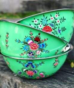Artisan Hand-Painted Floral Stainless Steel Mixing Bowls – Large Decorative Serving & Prep Bowls (Green/Multi-Color)