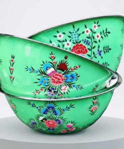 Alternative view of Artisan Hand-Painted Floral Stainless Steel Mixing Bowls – Large Decorative Serving & Prep Bowls (Green/Multi-Color)