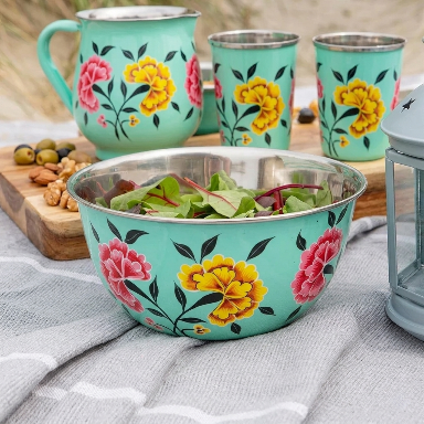 Artisan Hand-Painted Floral Stainless Steel Mixing Large Decorative Serving & Preparation Bowl - Image 3