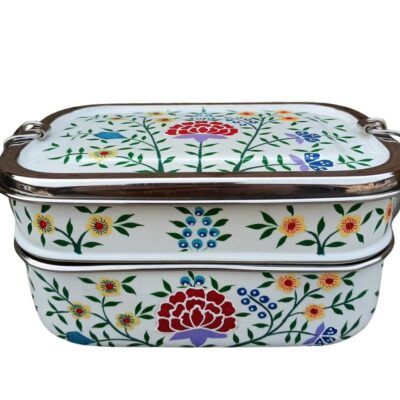 Hand-Painted 2-Tier Steel Tiffin Carrier White Floral